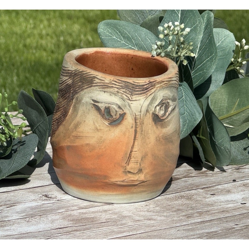 Vtg '91 Hoffman Studio Pottery Anthropomorphic Carved Face Vase Fired Pottery